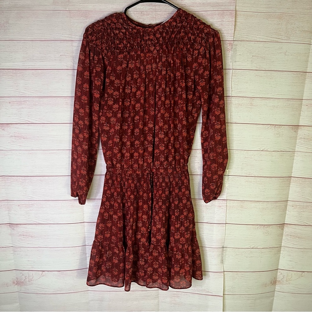 Michael Michael Kors‎ Burgundy Drawstring Pleated Floral Dressed Size XXS